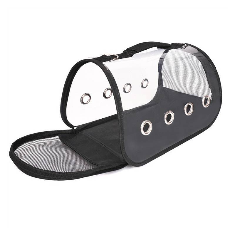 Schwarze und transparente Haustiertasche mit Reißverschluss-Netzöffnungen und Schultergurt, dargestellt auf weißem Hintergrund.