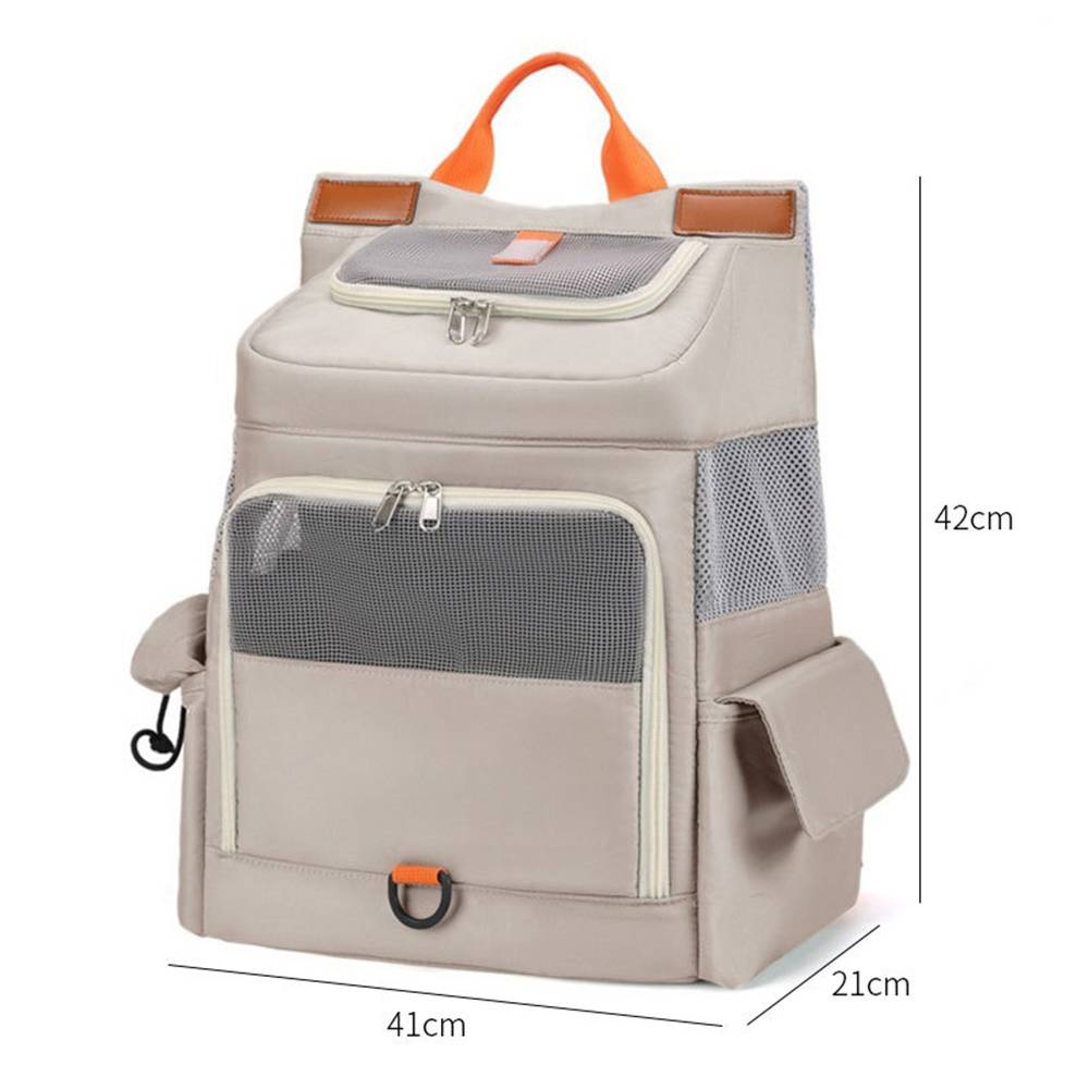 Beige-farbiger Haustier-Rucksack mit orangen Griffen und vorderen Mesh-Taschen, dargestellt mit Abmessungen von 42 cm Höhe, 41 cm Breite und 21 cm Tiefe.