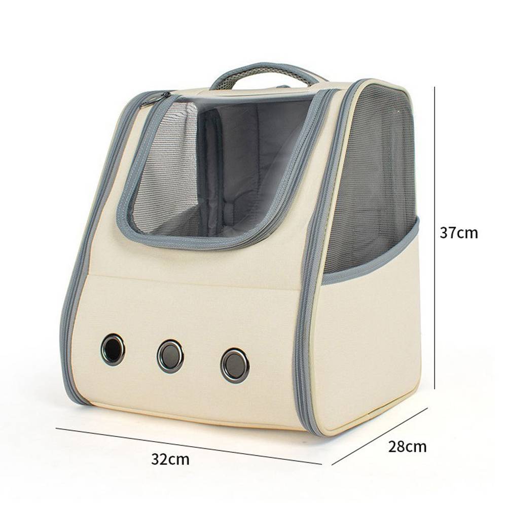 Beige-farbene Haustierbox mit Meshfront und Seitenpaneelen, oberer Griff und drei vordere Belüftungslöcher; Abmessungen angegeben als 32 cm breit, 28 cm tief, 37 cm hoch.