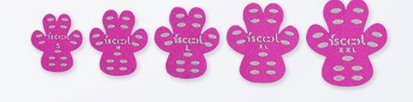 Fünf rosa froschförmige Etiketten mit Hemdgrößen von S bis XXL, geordnet von der kleinsten zur größten Größe.