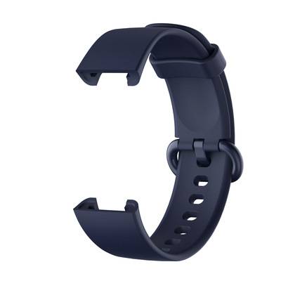 Dunkelnavyblaues Smartwatch-Armband mit offener Schnallenverschluss-Schließe auf weißem Hintergrund.