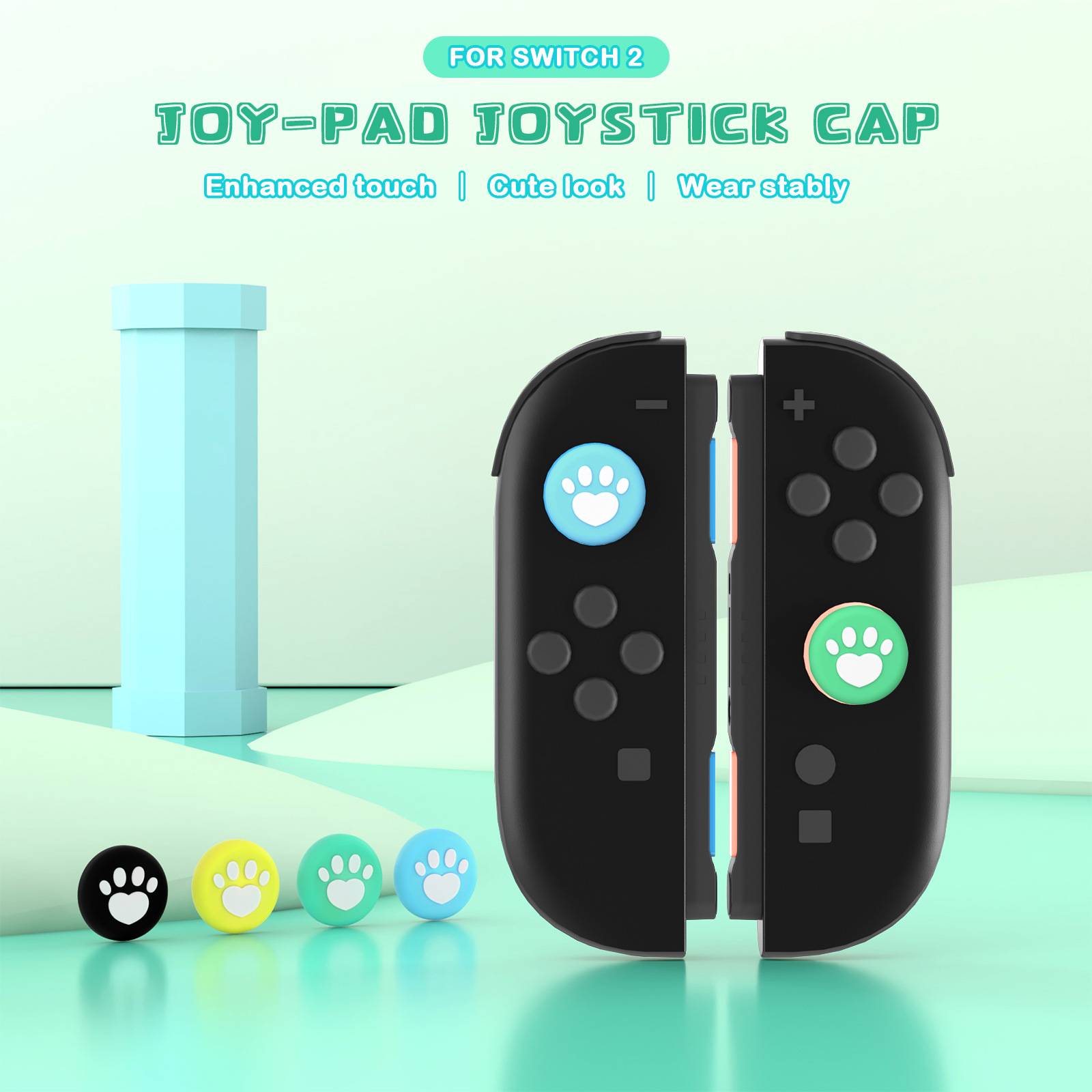 Werbebild einer Nintendo Switch 2 Spielzeug-Pad-Joystick-Kappen-Set, das zwei schwarze Controller-Griffe mit Pfotendruck-Kappen und vier Farboptionen darunter zeigt.
