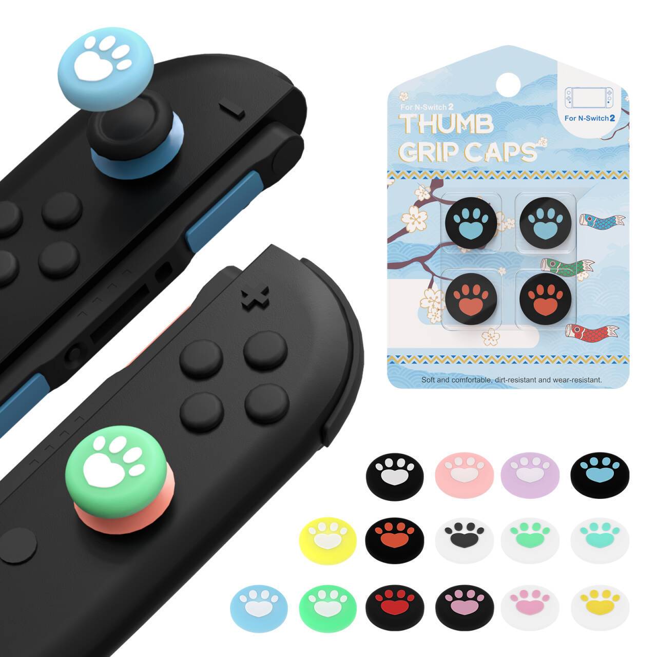 Nintendo Switch Daumen-Griffkappen in mehreren Farben, gezeigt auf Joy-Con-Sticks mit Einzelhandelsverpackung und Farboptionen.