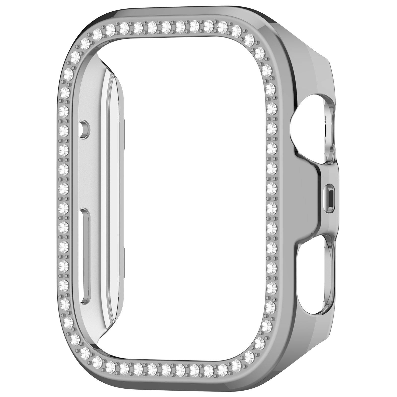 Silbernes Apple Watch Gehäuse mit diamantähnlichem Juwelen-Lünette, in Seitenansicht auf weißem Hintergrund dargestellt.