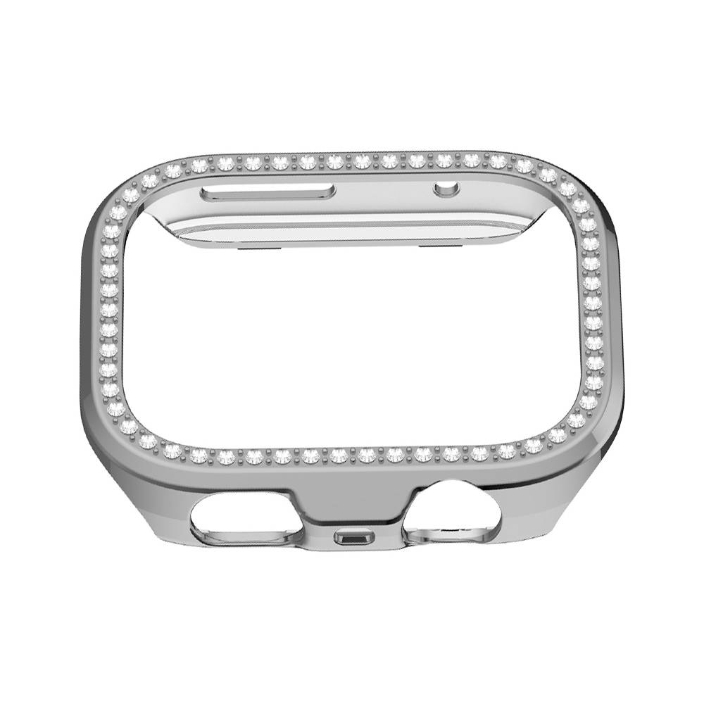 Silbernes, mit Schmucksteinen verziertes Smartwatch-Gehäuse mit Strass-Rand, Vorderansicht auf weißem Hintergrund.