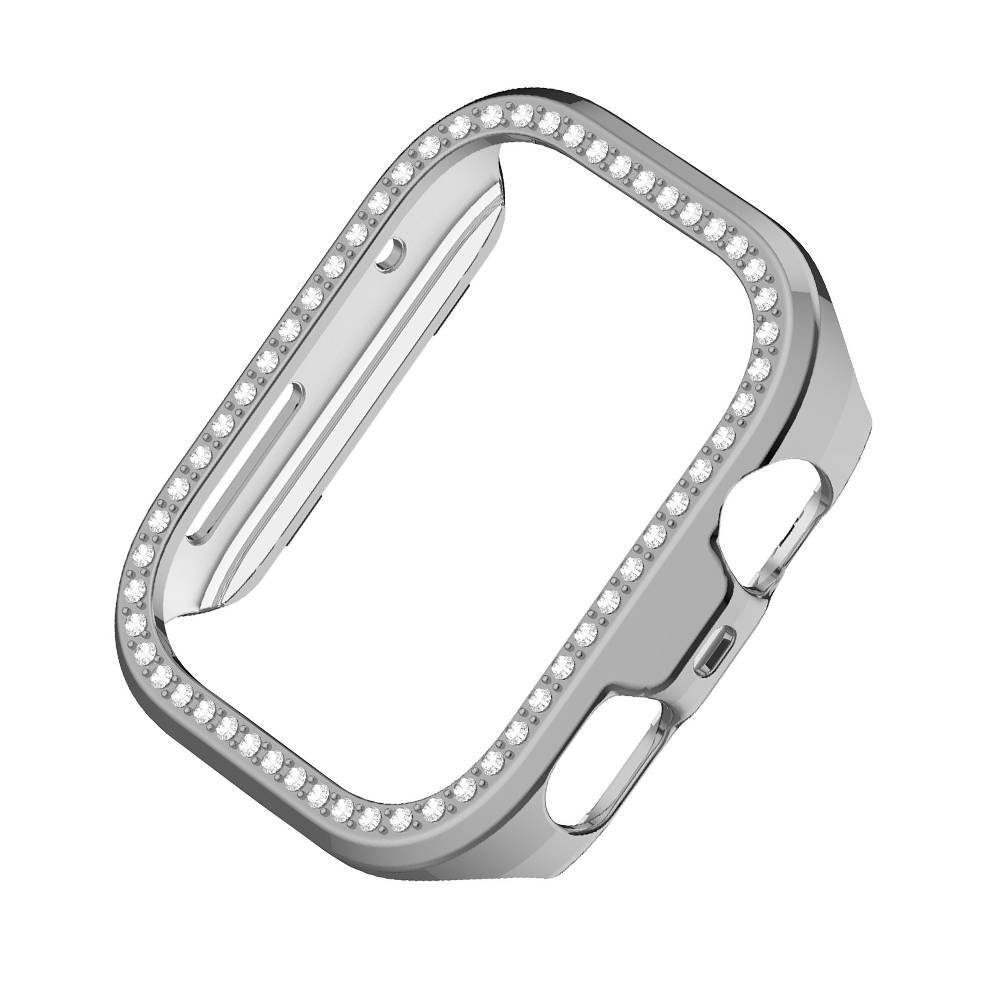 Silberne Smartwatch-Schutzhülle mit Rhinstein-Rand und offenen Seitenschnitten, auf weißem Hintergrund dargestellt.