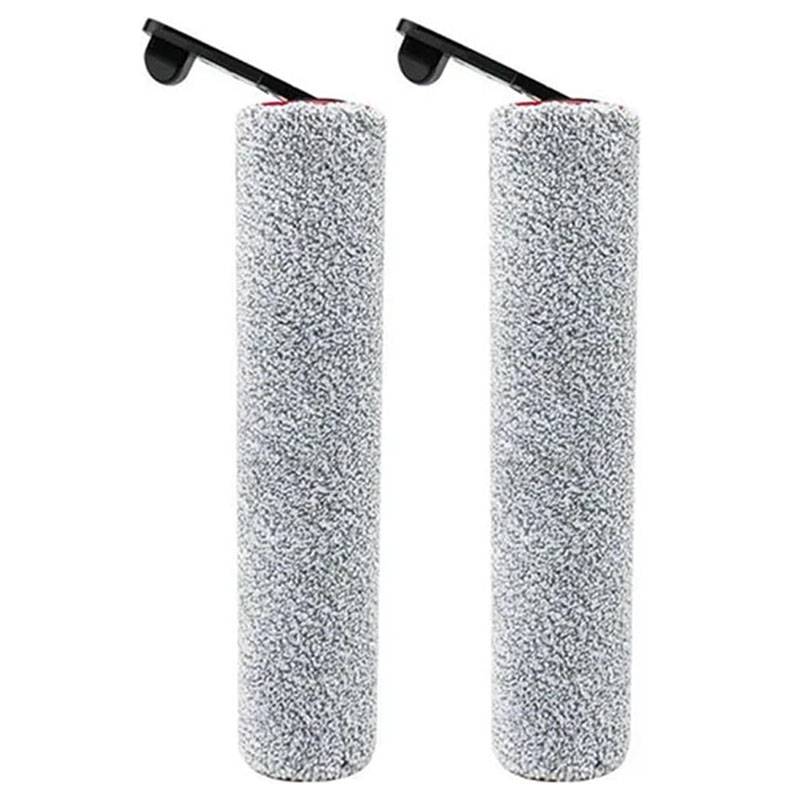 Zwei zylindrische strukturierte Schaumstoff-Roller-Sleeves mit schwarzen Griffen, nebeneinander auf weißem Hintergrund abgebildet.