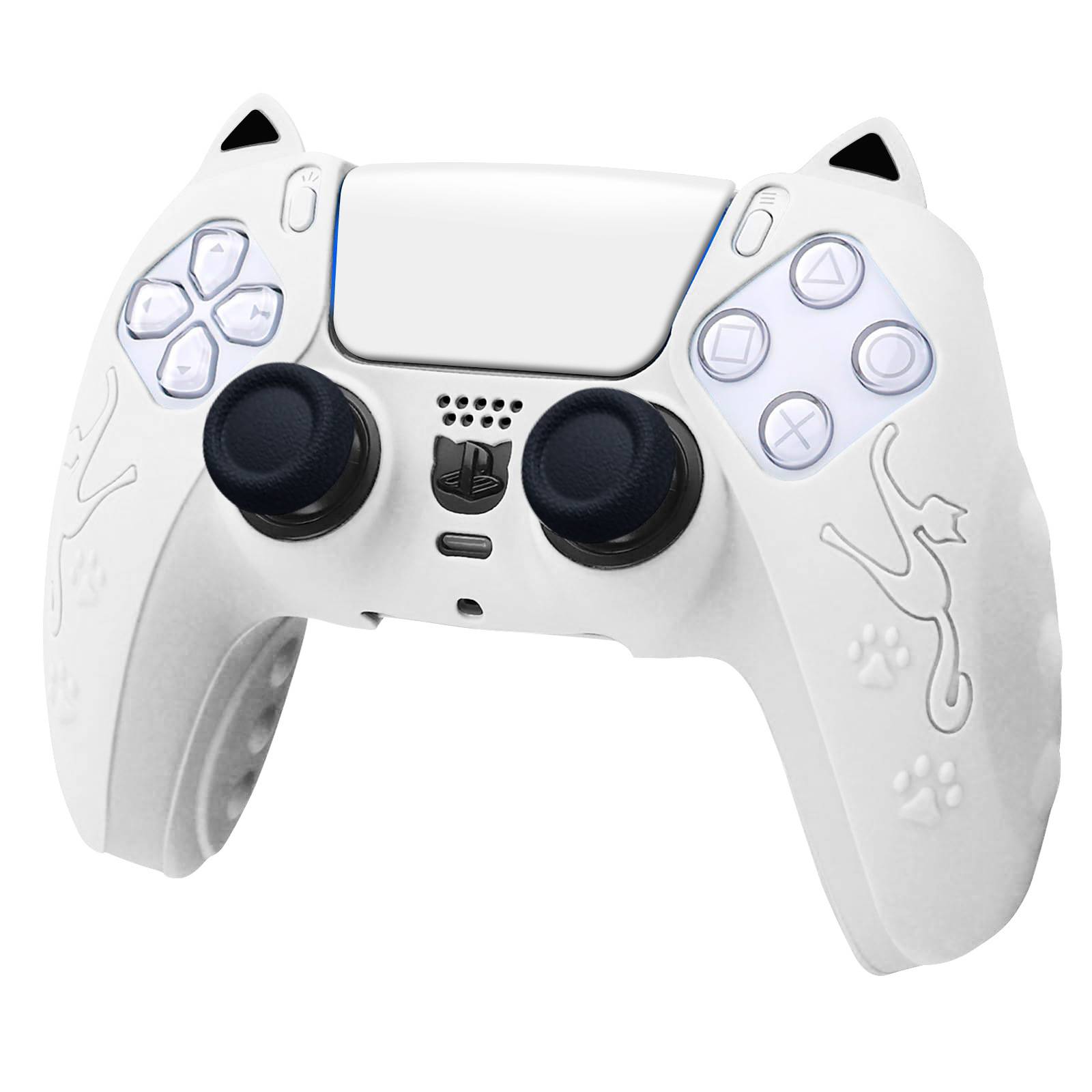 Weißer, maßgefertigter PlayStation-ähnlicher Gamecontroller mit Katzeohr-Akzenten, schwarzen Analogsticks und helllavendelfarbenen Aktionstasten auf weißem Hintergrund.