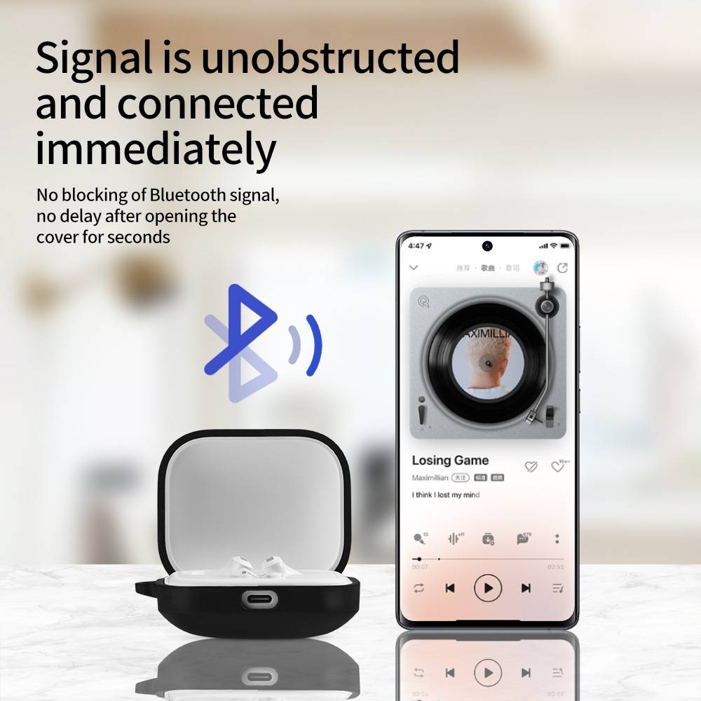 Bluetooth-Kopfhörer-Etui und Smartphone mit Musik-App, das ein sofortiges freies Signal und keine Bluetooth-Verzögerung beim Öffnen fördert.