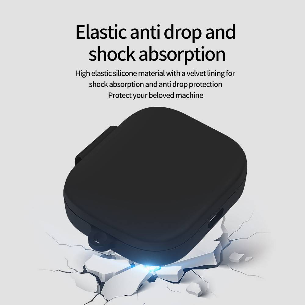 Produktanzeige mit einer schwarzen Schutzschutzhülle aus Silikon und dem Text „Elastisch, sturzsicher und stoßdämpfend" mit Betonung des Aufprallschutzes.