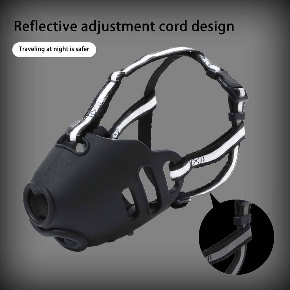 Hundeschnauzenmaske in Schwarz mit reflektierendem Verstellseil; Text besagt „Design mit reflektierendem Verstellseil