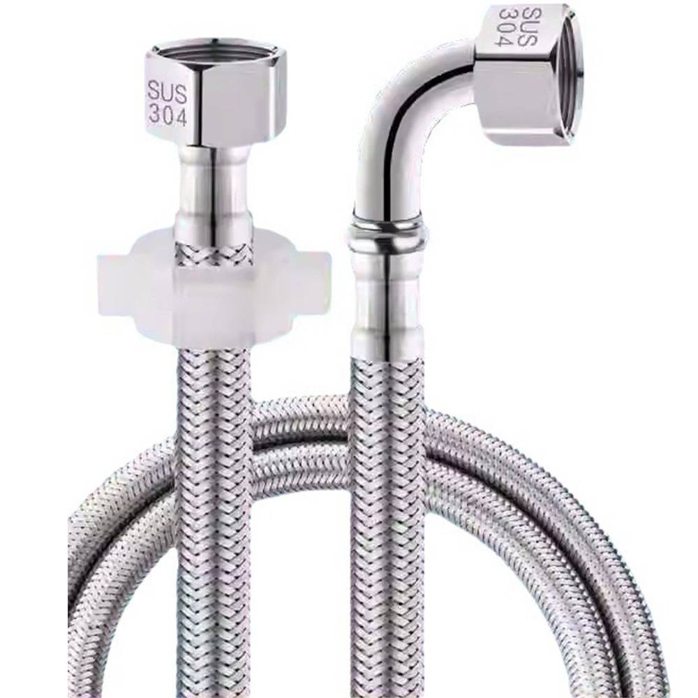 Zwei Edelstahl-Flechtschläuche für die Wasserzufuhr mit verchromten Armaturen, einer gerade und einer 90-Grad-Winkel, auf weißem Hintergrund abgebildet.