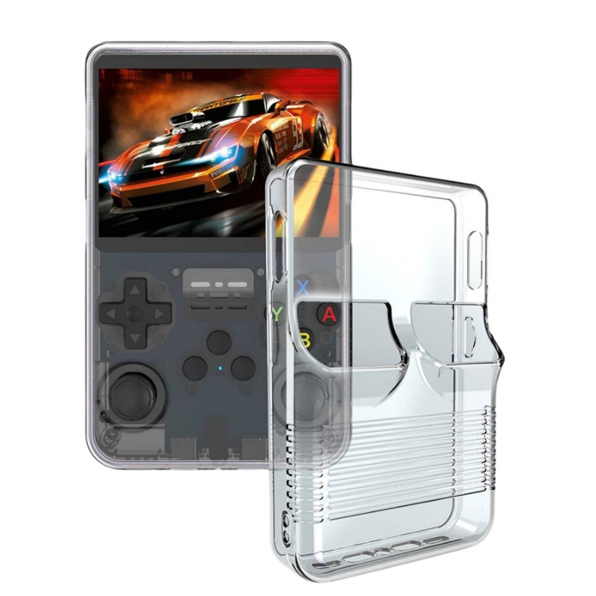 Eine tragbare Retro-Spiel-Konsole im klassischen Stil mit einem Rennspiel auf dem Bildschirm, zusammen mit einer transparenten Schutzbox mit Schnappverschluss davor gezeigt.