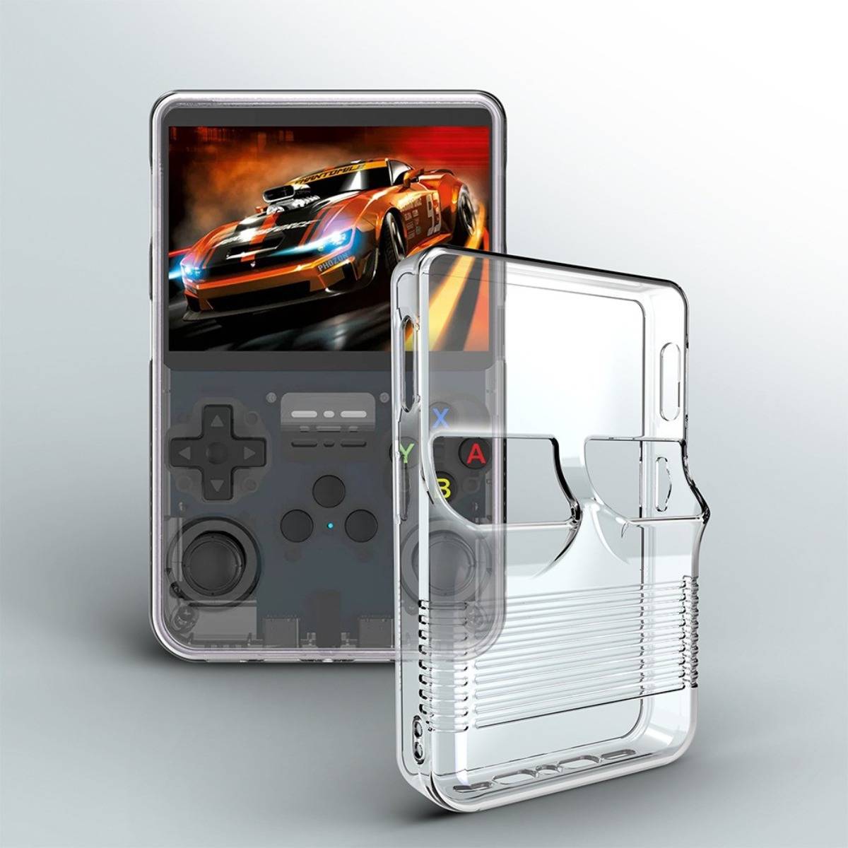 Transparente tragbare Spielkonsole in einer durchsichtigen Schutzhülle, die ein Rennspiel auf dem Bildschirm zeigt und sichtbare Steuerelemente darunter.