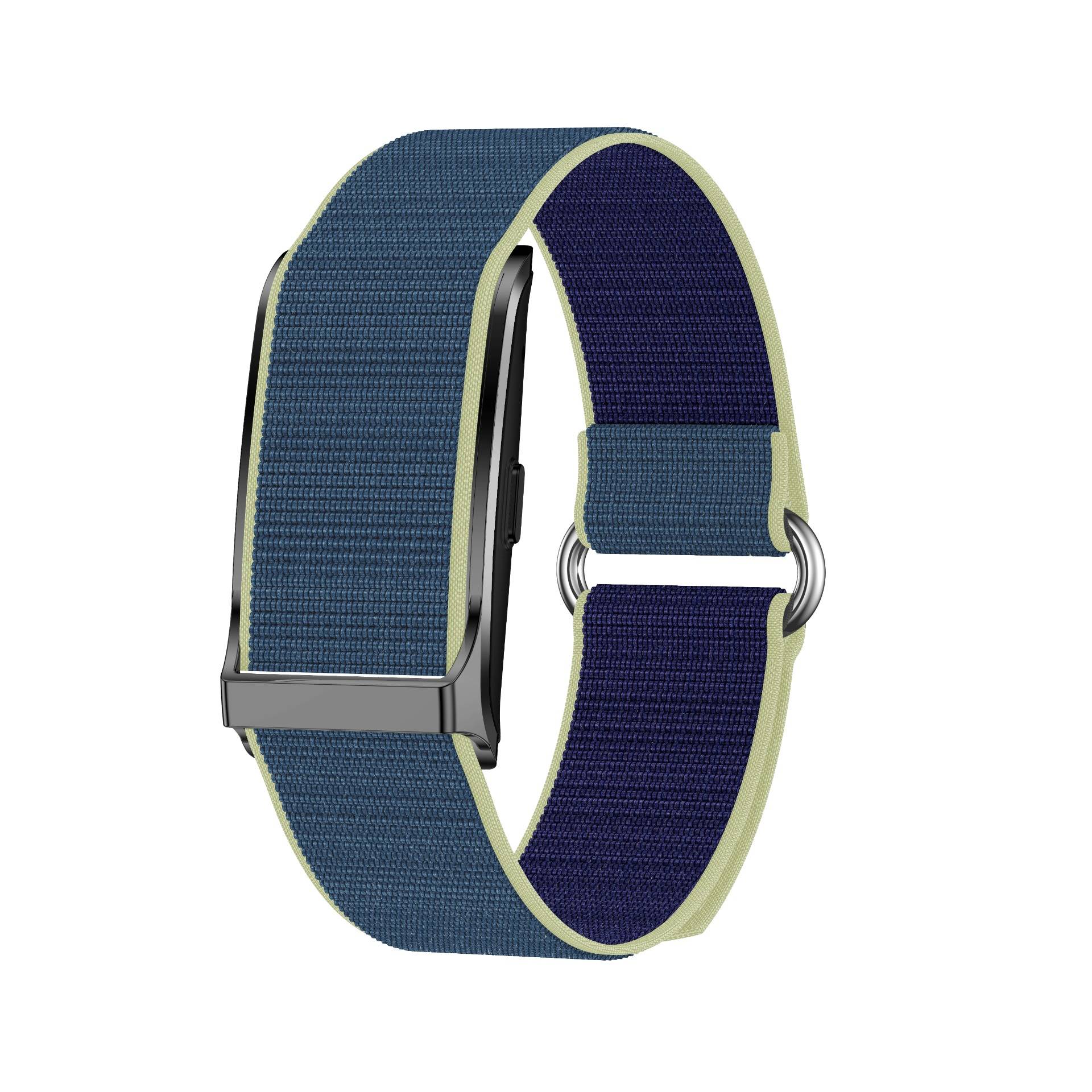 Blaues Stoffuhrarmband mit metallischer Schnalle und Schlaufe, gezeigt auf weißem Hintergrund.