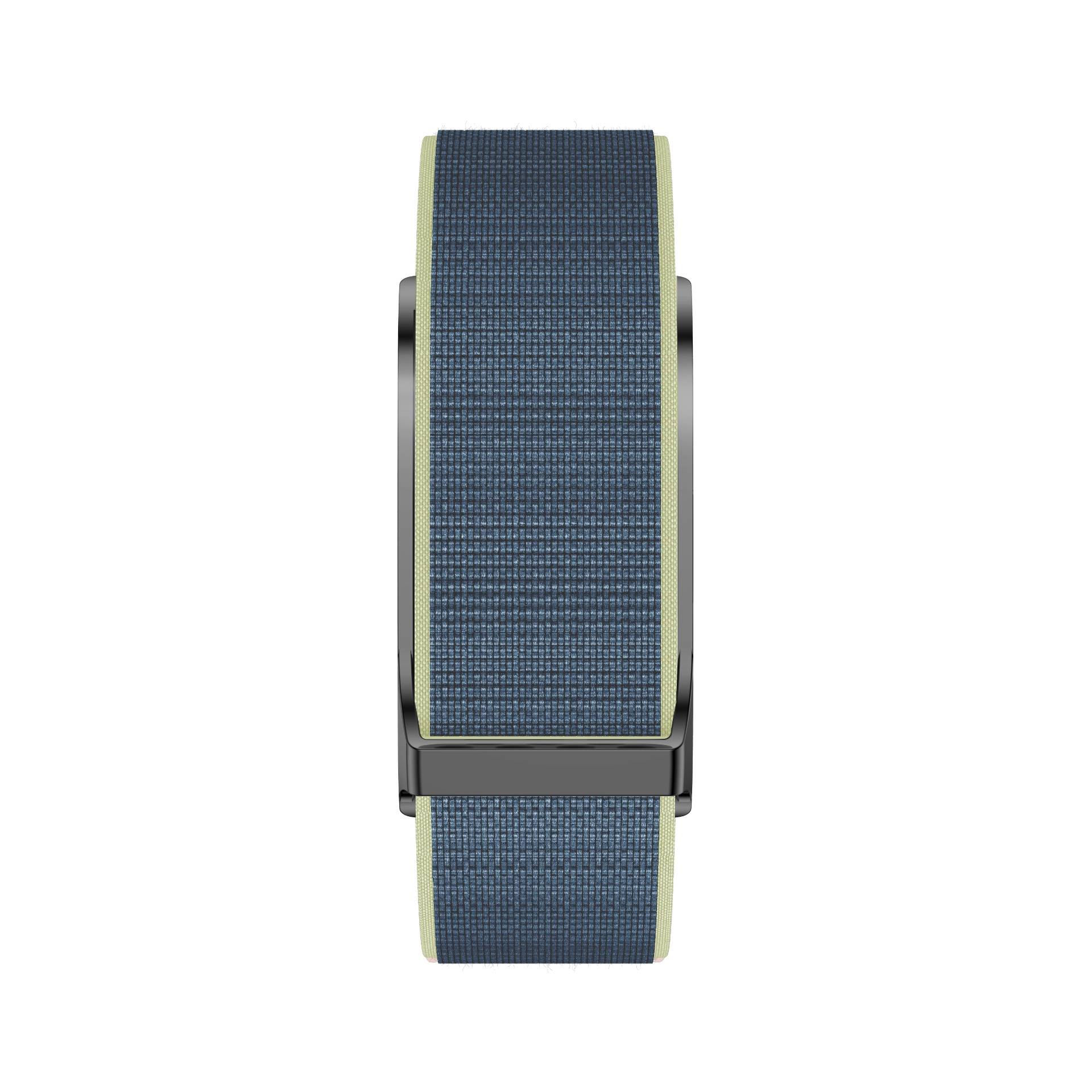 Blaugewebtes Uhrenarmband mit dunkler grauer Schnalle und hellem Rand auf weißem Hintergrund