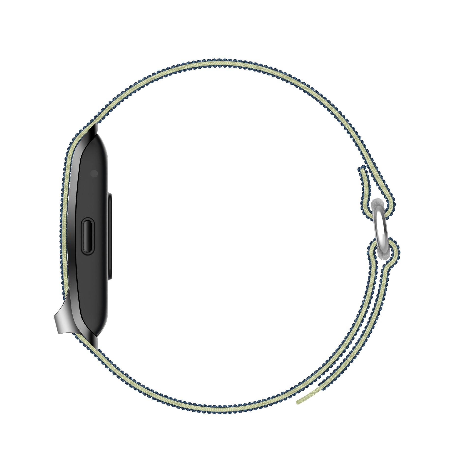 Seitenansicht einer Smartwatch mit dunklem Gehäuse und hellem Armband, die das verstellbare Band und die Schnallenverschluss zeigt.
