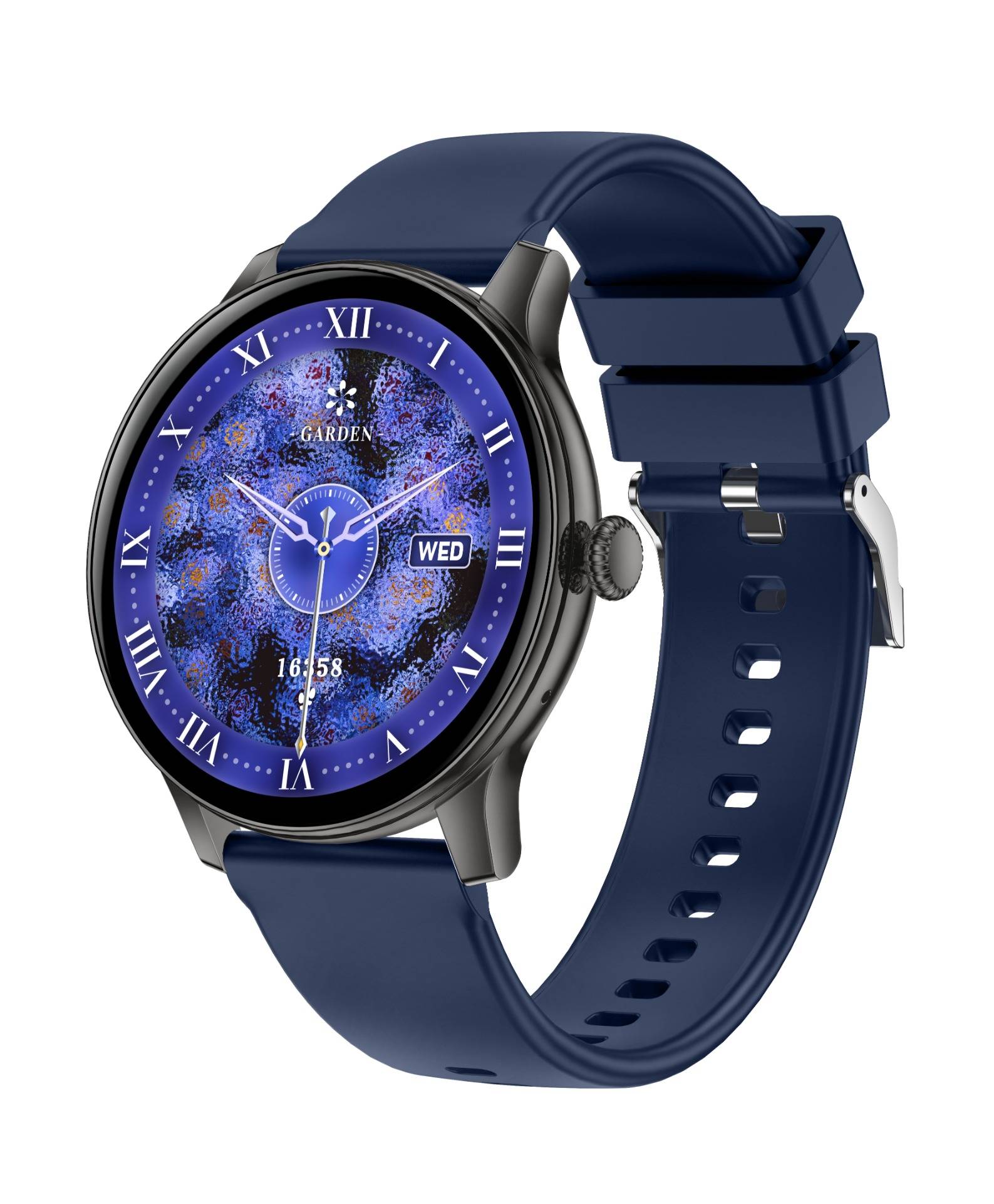 Blaue analoge Smartwatch mit Ziffernblatt in römischen Ziffern, digitaler Zeitanzeige, Wochentags-Display und passendem marineblauen Armband auf weißem Hintergrund.