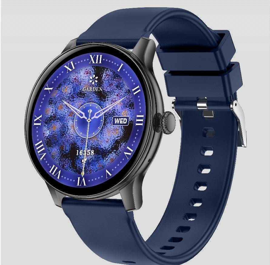 Blaue Smartwatch mit analogem Zifferblatt mit römischen Ziffern, 'GARDEN'-Zifferblatt, Wochentag- und Zeitanzeige sowie dunkelblauem Armband