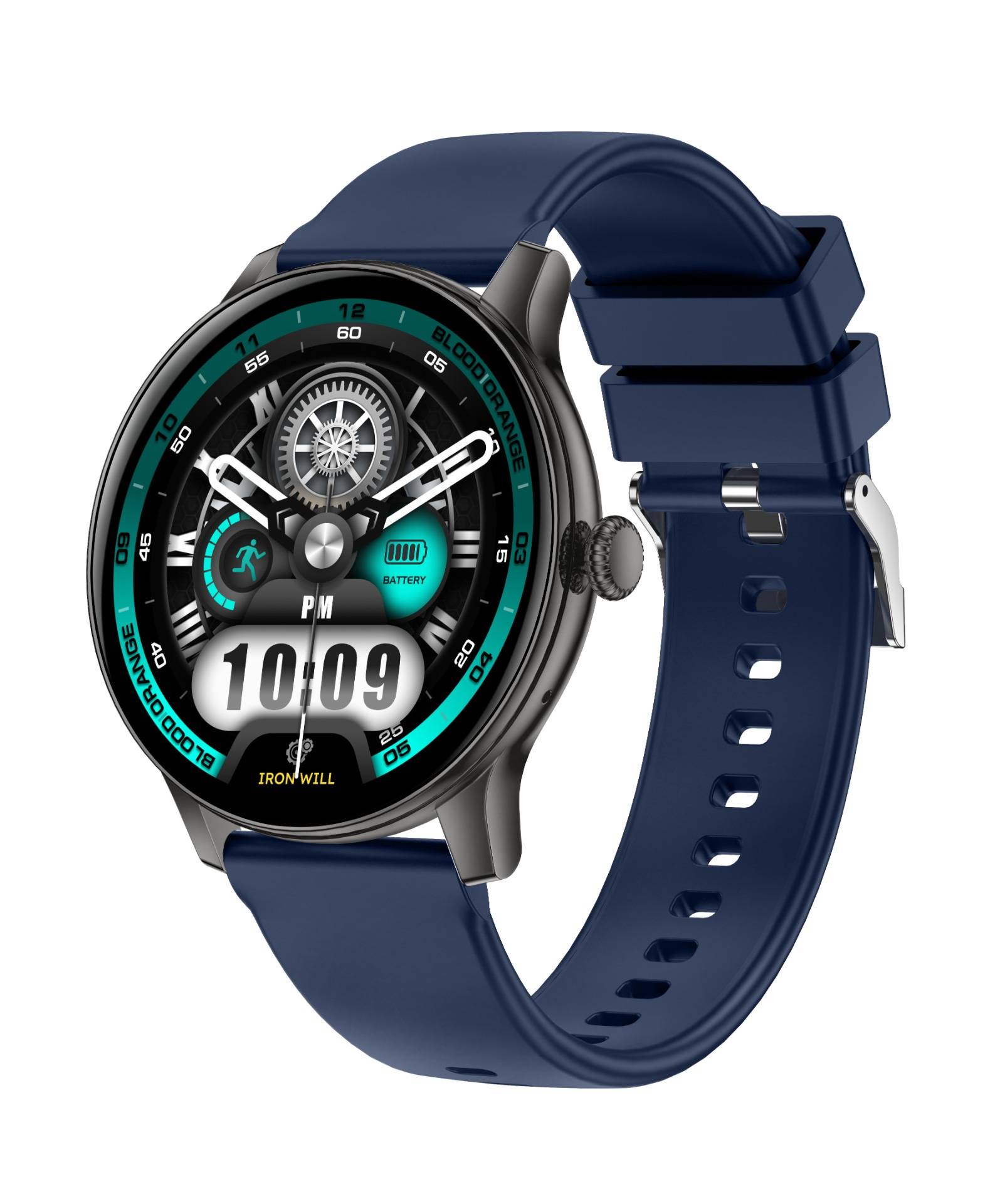 Digitale Smartwatch mit dunkelblauem Silikonarmband und rundem schwarzem Display, das 10:09, Batterie- und Aktivitätssymbole auf weißem Hintergrund anzeigt.