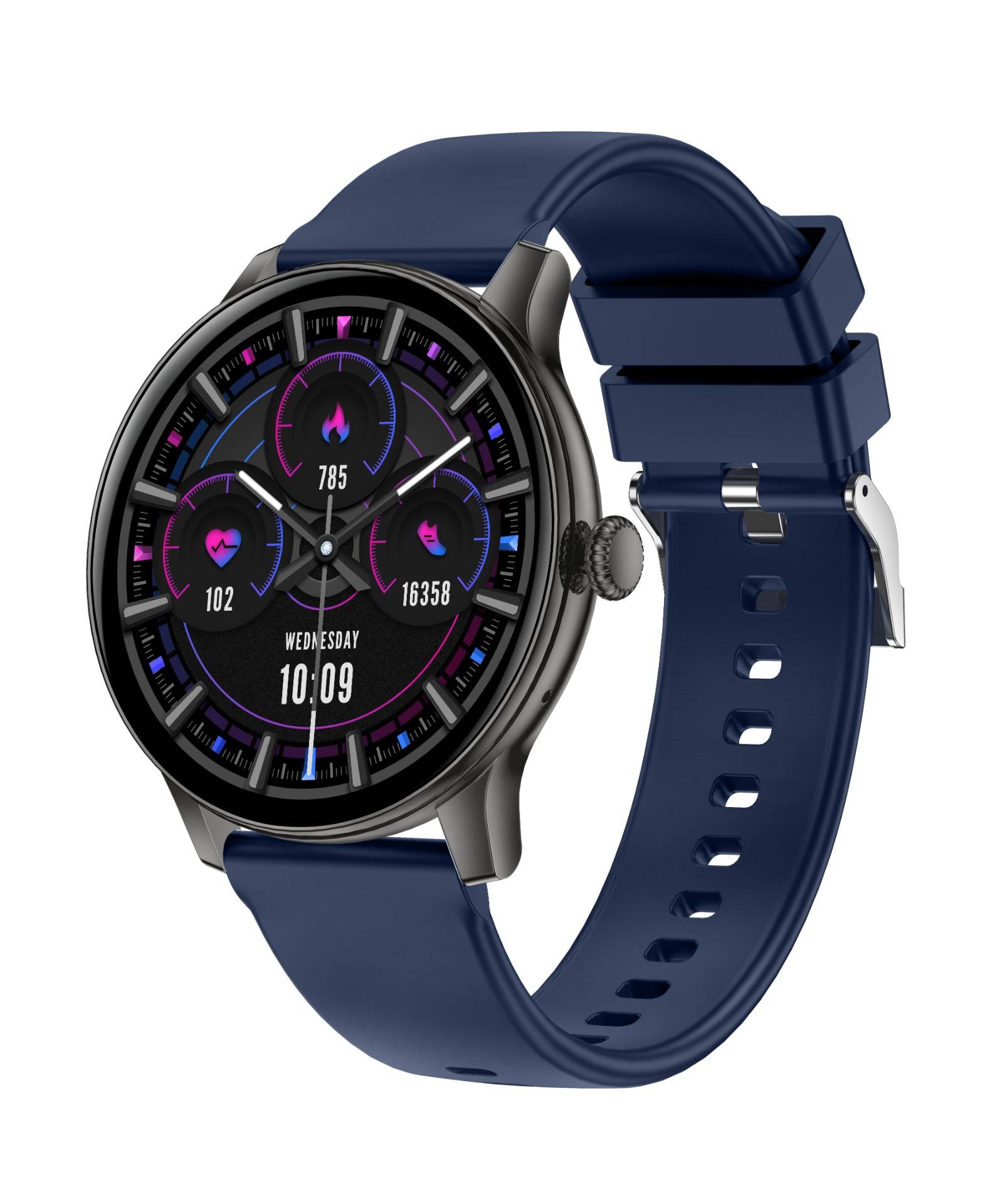 Runde schwarze Smartwatch mit dunkelblauem Silikonarmband, zeigt ein digitales Zifferblatt im Analogstil mit Fitness-Statistiken und dem Datum „MITTWOCH 10.09" auf weißem Hintergrund.