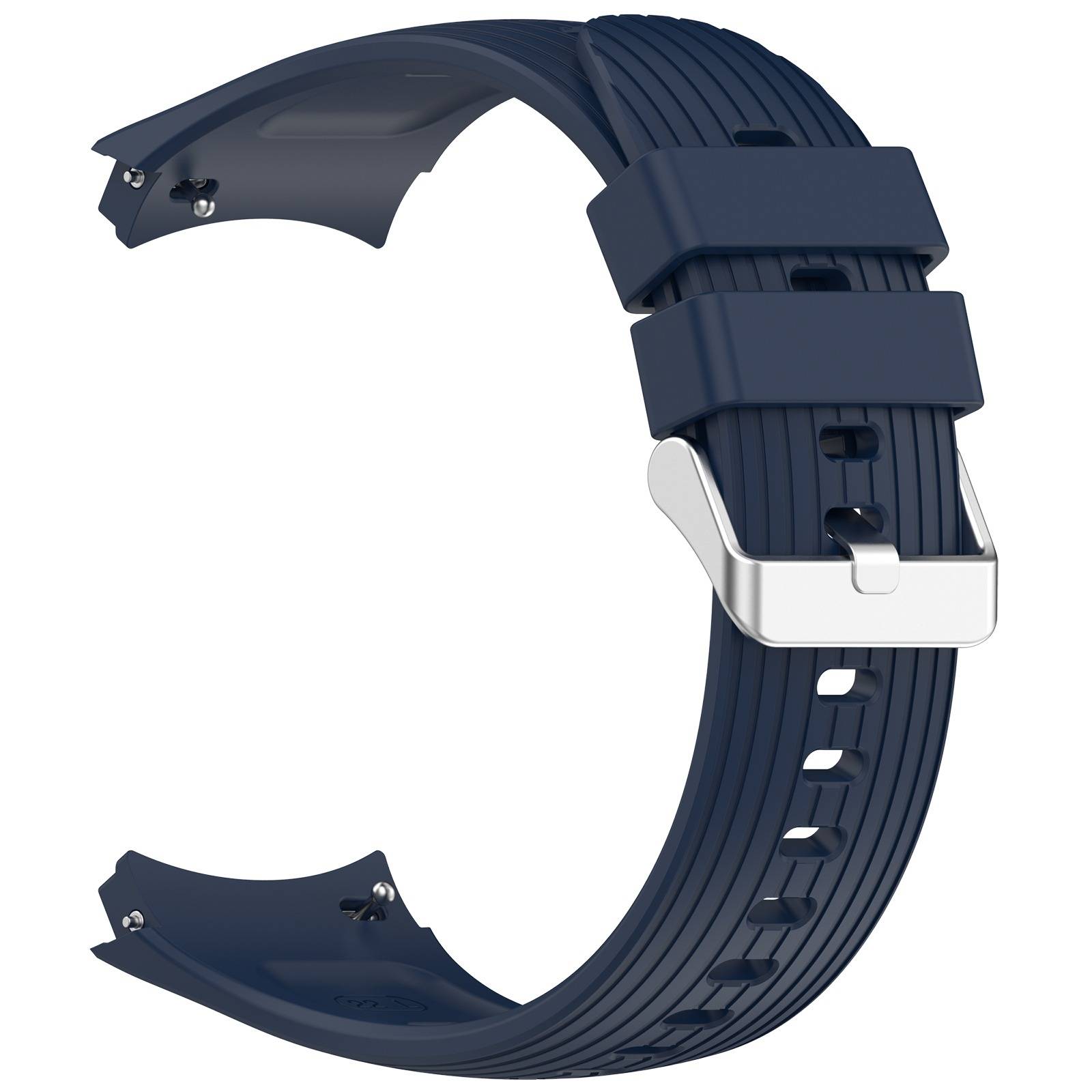 Dunkelblaues Silikon-Uhrenarmband mit silberner Metallschnalle und zwei Schlaufen, isoliert auf weißem Hintergrund dargestellt.