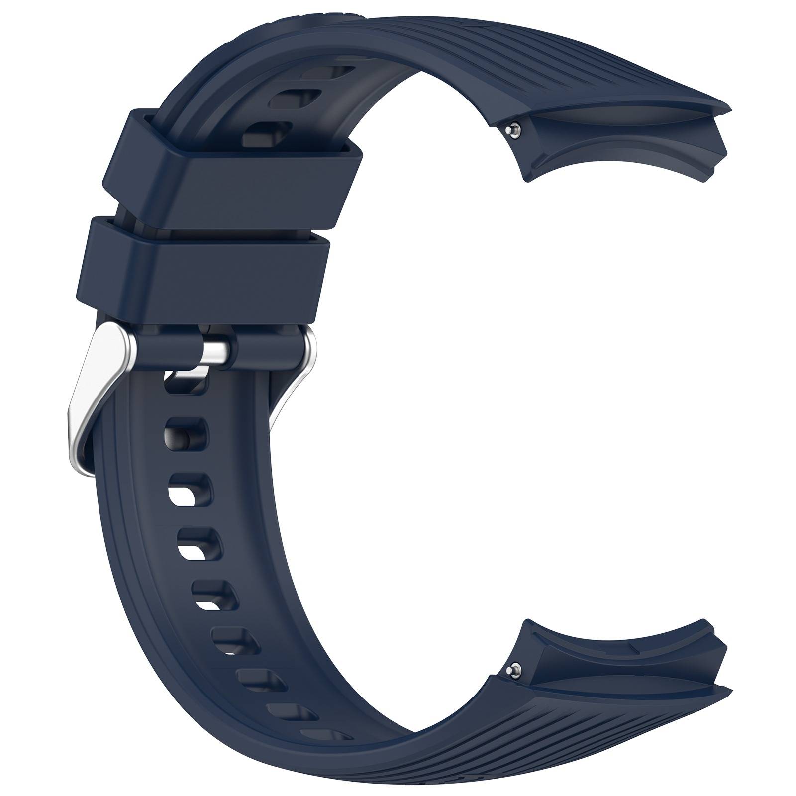 Marineblaues Silikonuhrband mit Schnalle, dargestellt als gebogene "C""-Form auf weißem Hintergrund.