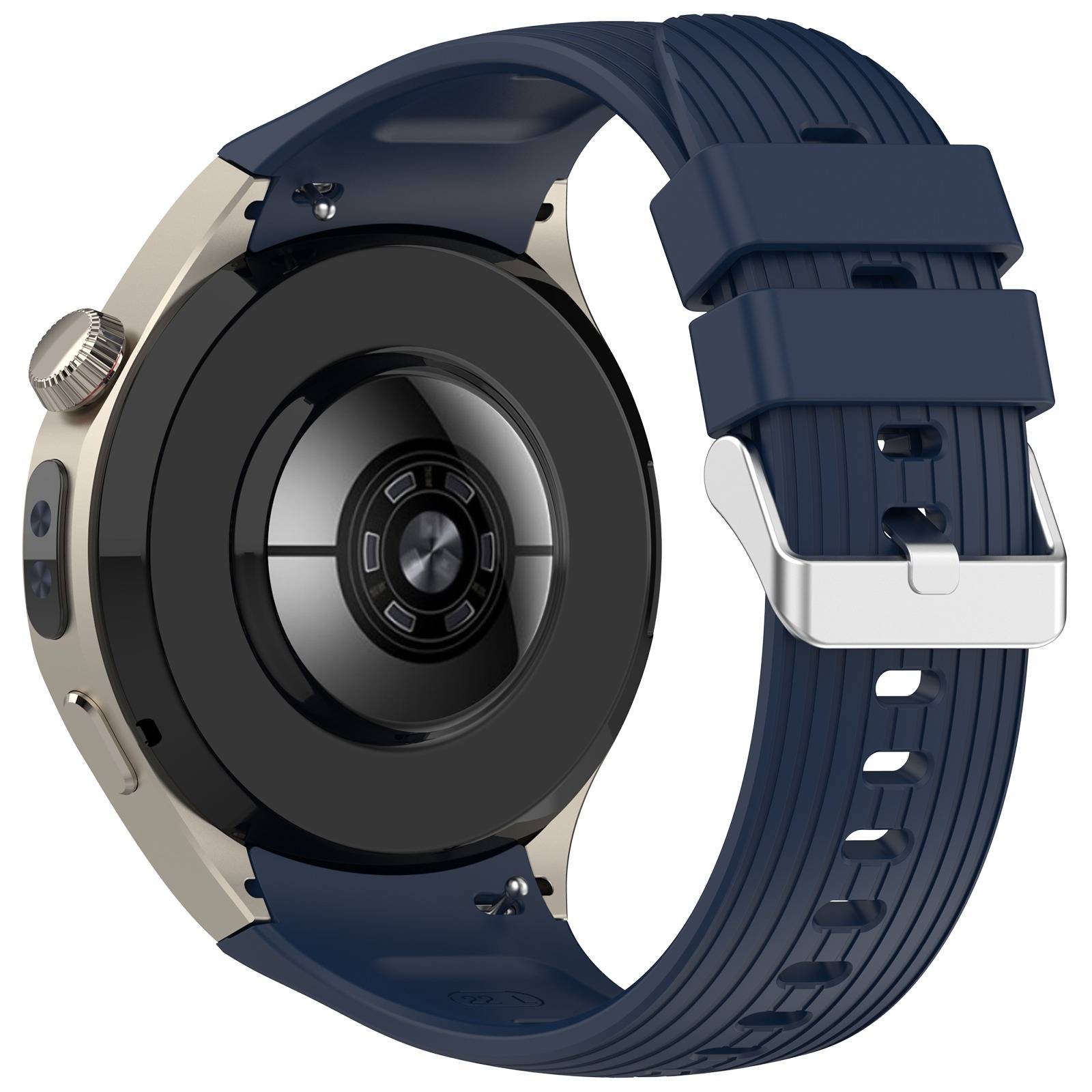 Rückansicht einer schwarzen Smartwatch mit dunkelblauem Silikonarmband und silbernem Verschluss, die das runde Sensormodul und die seitliche Krone zeigt.