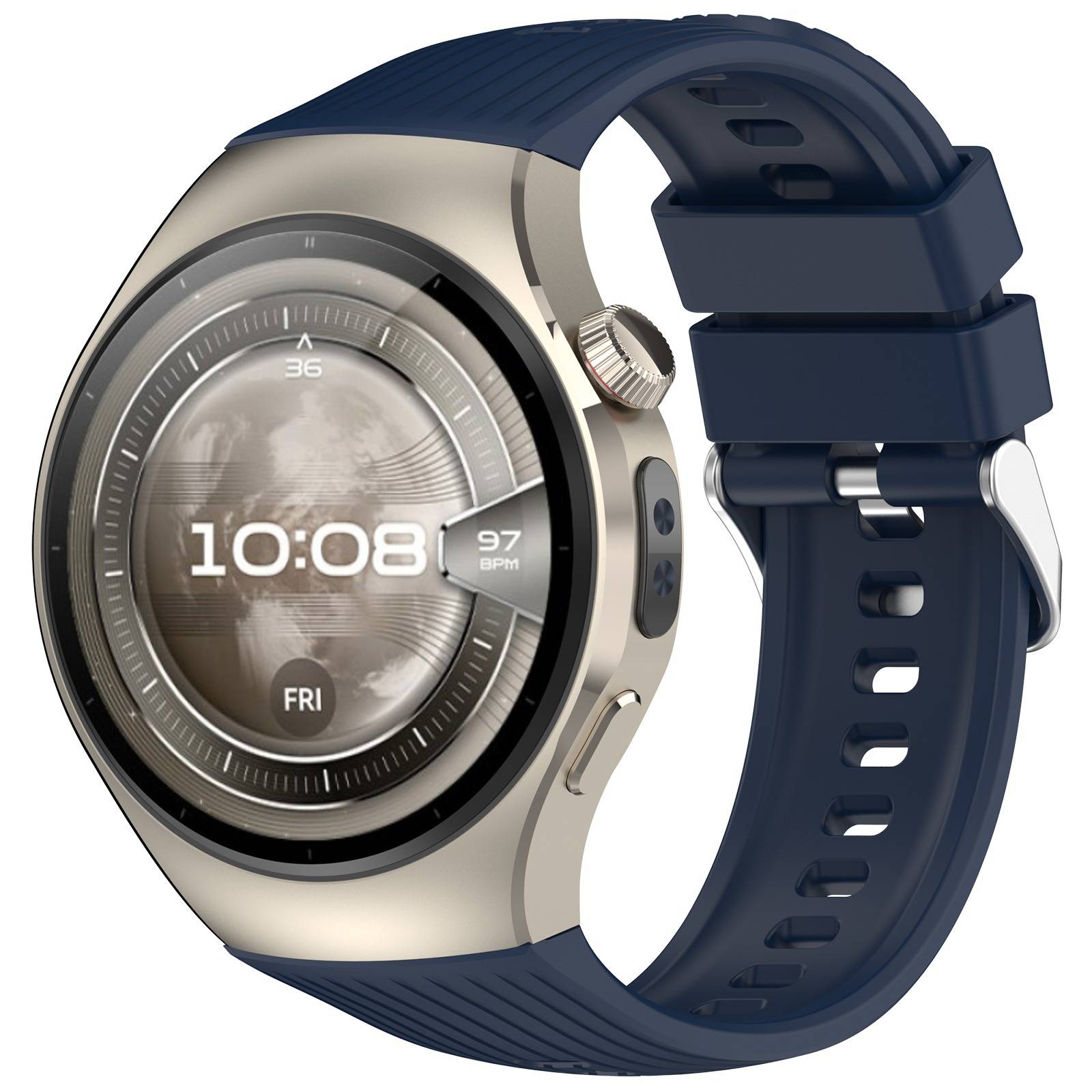 Runde Marine- und Silber-Smartwatch mit digitalem Display, das 10:08, 97 BPM und FRI anzeigt, auf einem blauen Gummiarmband.