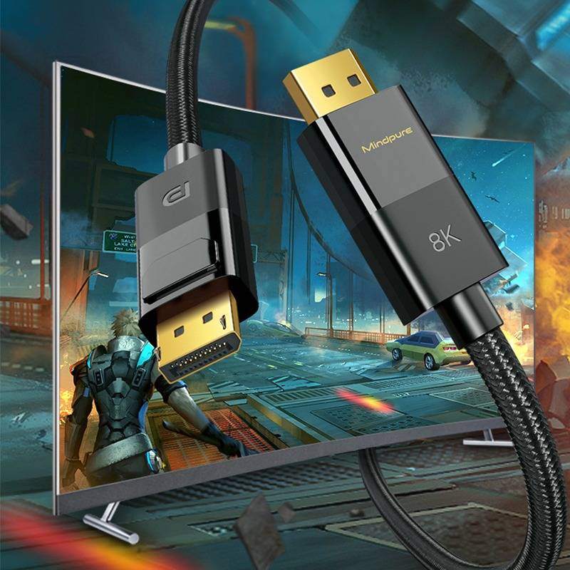Werbebilder von zwei Anzeigeleitungen/Anschlüssen über einer Science-Fiction-Spielszene, eine mit dem Label „MicroCare" und „8K"" gekennzeichnet.