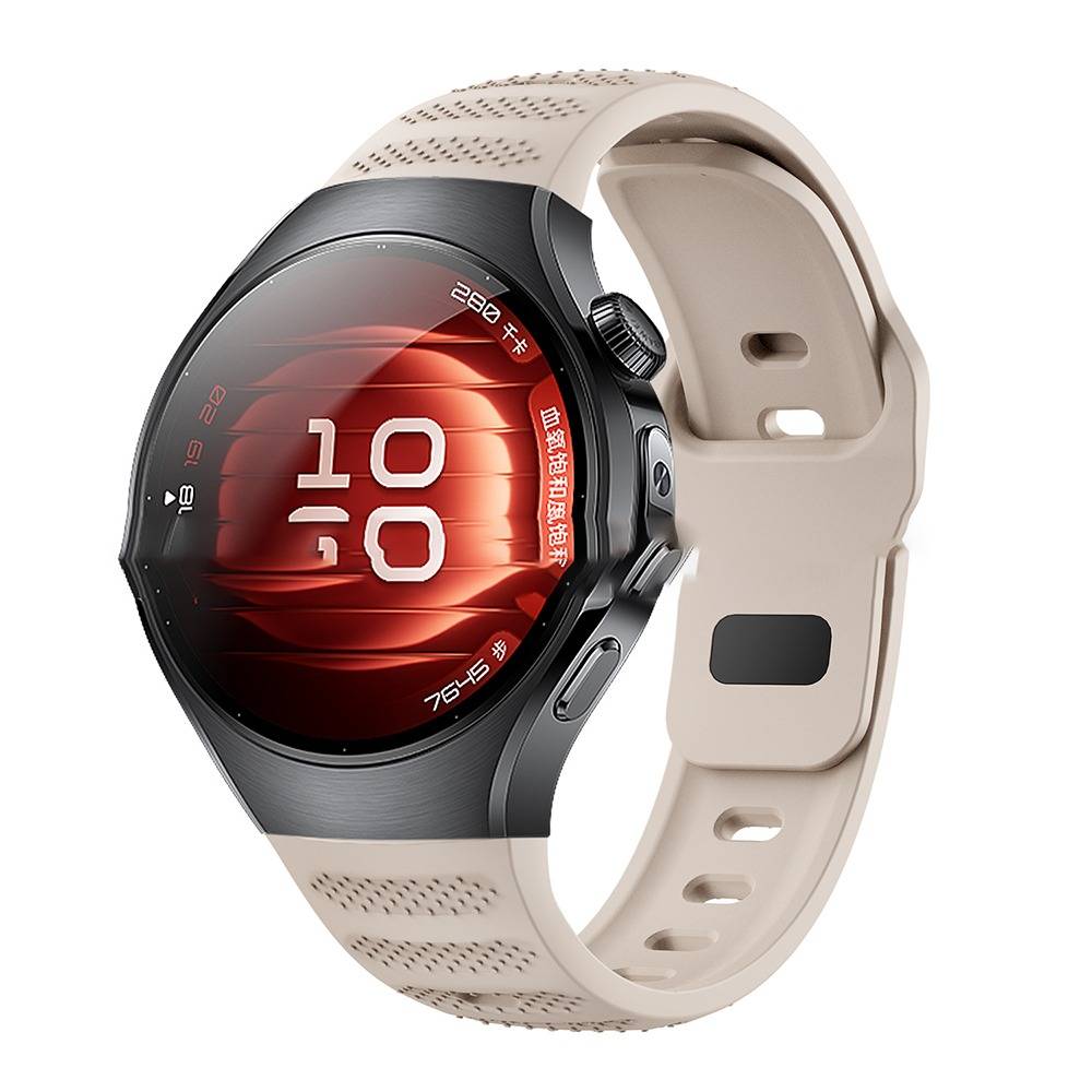 Beige Smartwatch mit rundem rotem digitalen Display, das 10:10 anzeigt, und schwarzer Lünette auf einem beigen Silikonarmband.