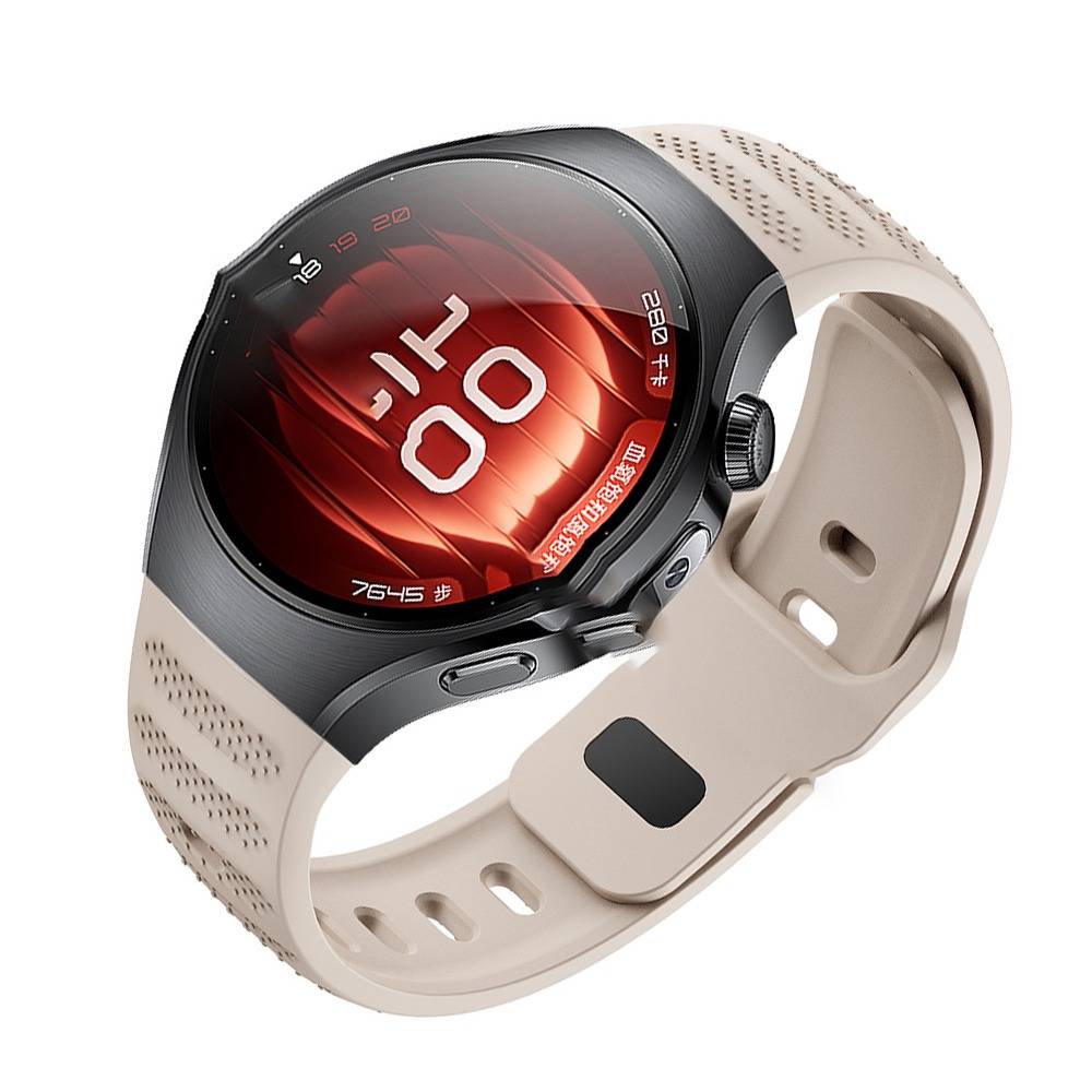 Beige Smartwatch mit schwarzem rundem Zifferblatt und rotem digitalen Display, schräg auf weißem Hintergrund platziert.