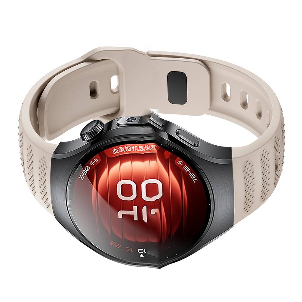 Schwarze Smartwatch mit beigem Sportarmband, zeigt ein rotes kreisförmiges Gesundheitsdisplay mit großem '00' und chinesischem Text