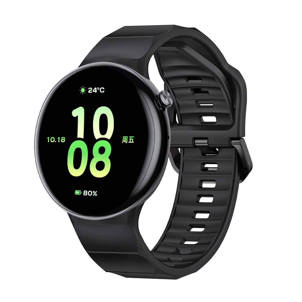 Schwarze runde Smartwatch mit Touchscreen, das 10:08 Uhr anzeigt, 24°C, Datum 10.18, Donnerstag auf Chinesisch und 80% Akku.