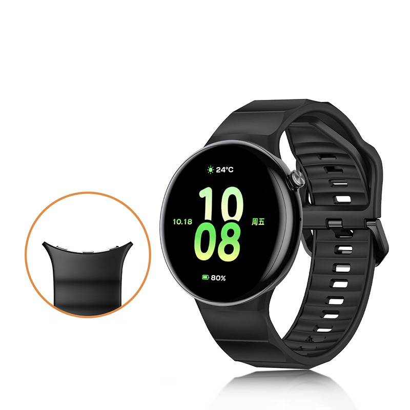Schwarze runde Smartwatch mit digitaler Zeitanzeige und schwarzem Armband, plus eingefügtes Bild, das das gekrümmte Bandende hervorhebt.