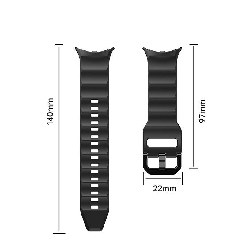 Schwarzes Gummi-Uhrenarmband gezeigt von vorne und hinten mit Abmessungen: 140 mm Länge, 97 mm Riemenlänge und 22 mm Schnallbreite.