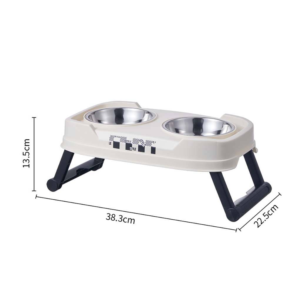 Erhöhter doppelter Futternapf-Ständer mit zwei Edelstahlnäpfen auf zusammenklappbaren Beinen, mit den Abmessungen 38,3 cm Länge, 22,5 cm Breite und 13,5 cm Höhe.