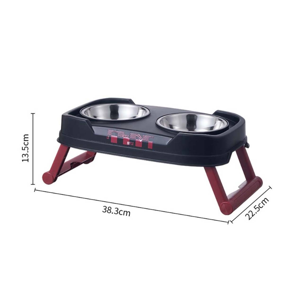 Tragbarer erhöhter Futternapf für Haustiere mit zwei Edelstahlschüsseln, gezeigt mit den Abmessungen 38,3 cm breit, 22,5 cm tief und 13,5 cm hoch.