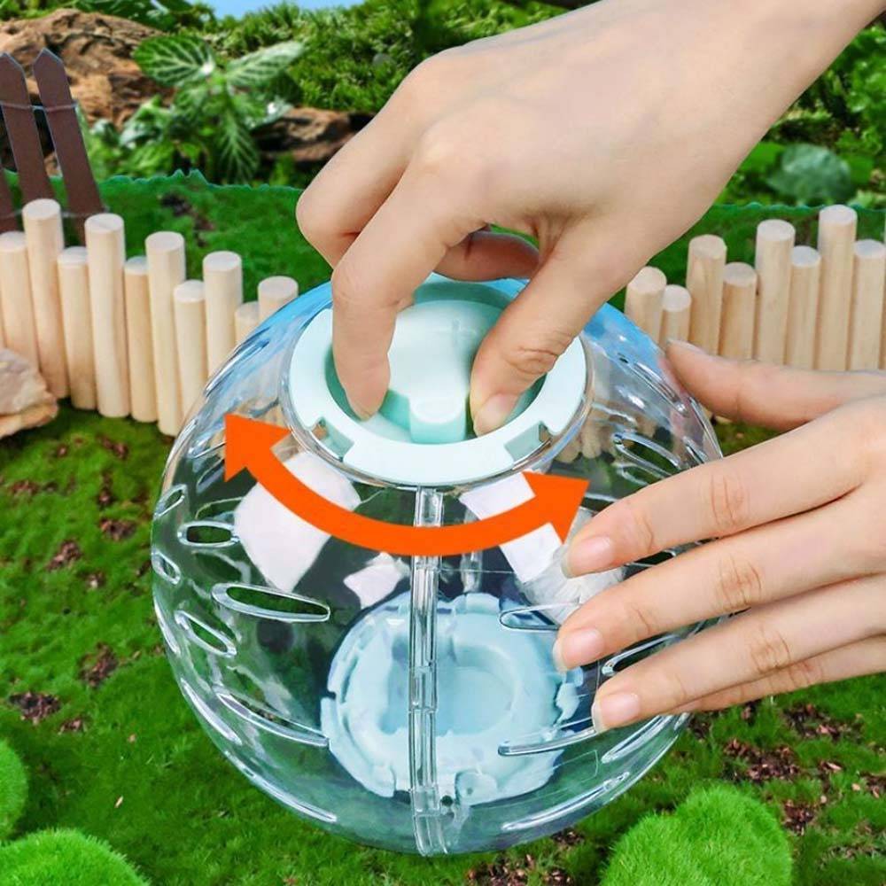 Hände öffnen einen durchsichtigen Kunststoff-Hamsterball mit einem orangefarbenen Pfeil, der zeigt, dass der Deckel sich abschrauben lässt, draußen auf Gras in der Nähe eines kleinen Zauns.