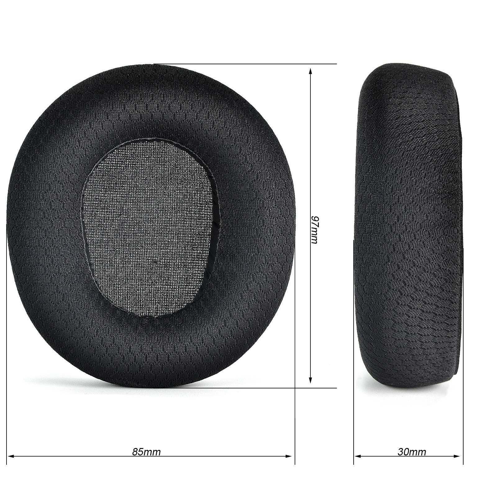 Schwarzes ovales Kissen mit Vorder- und Seitenansichten und beschrifteten Abmessungen: 85 mm breit, 97 mm hoch und 30 mm dick.
