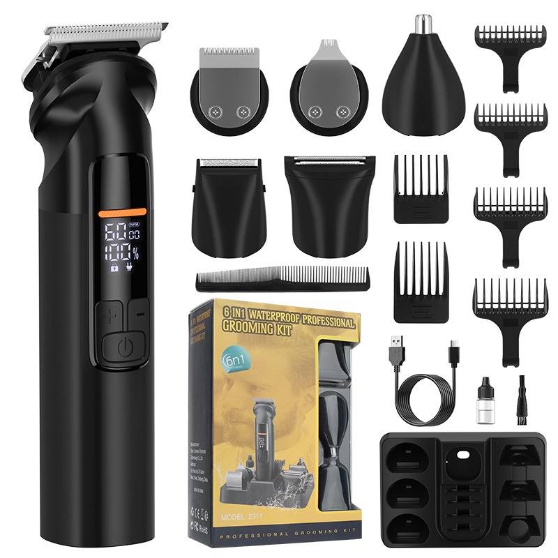 Schwarzes 6-in-1 kabelloses wasserdichtes Pflegeset mit Trimmer, austauschbaren Köpfen, Kamm-Aufsätzen, Ladekabel, Öl und Aufbewahrungstablett in Box.