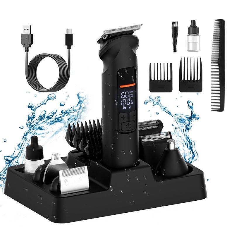 Schwarzer schnurloses Haarschneider- und Grooming-Set auf einem Ladegerät, mit USB-Kabel, Kammaufsätzen, Reinigungsbürste, Ölflasche und Klingenaufsätzen.