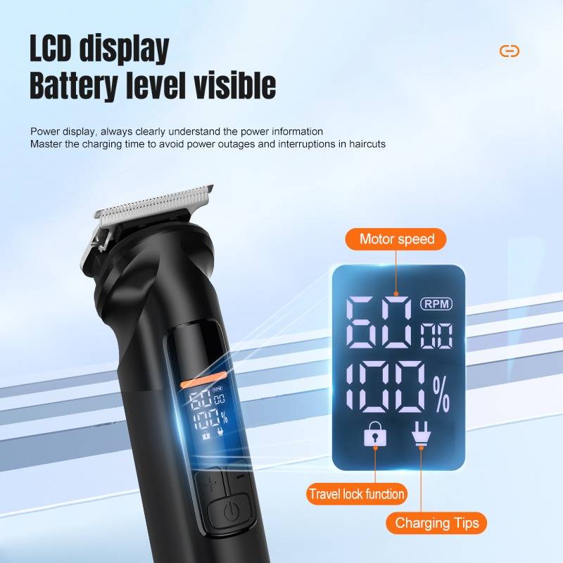 Werbegrafik eines Haarschneiders mit LCD-Batterieanzeige, die Motorgeschwindigkeit, Reisesperre und Ladetipps anzeigt.