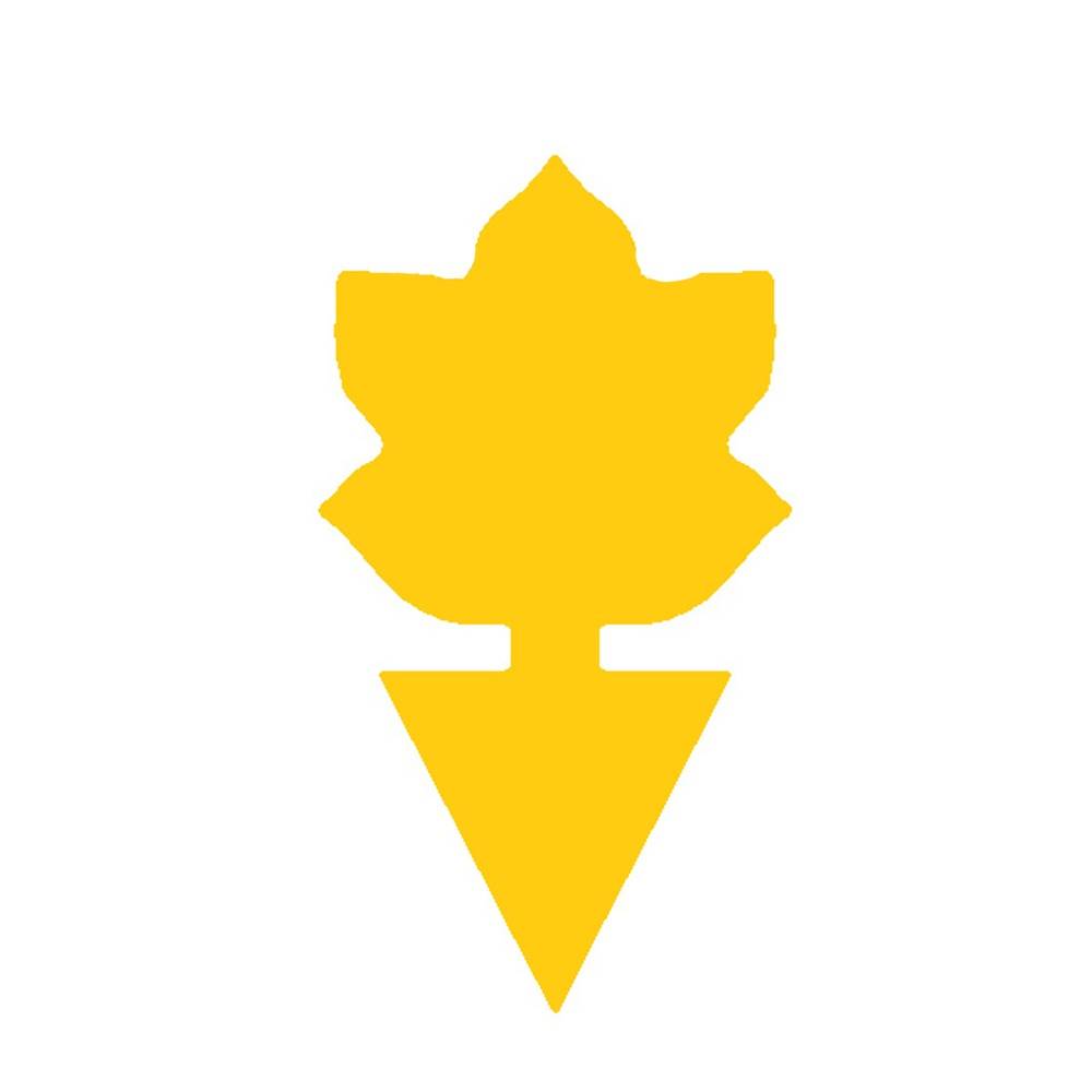 Gelbes blattförmiges Symbol über einem nach unten zeigenden Dreieck auf weißem Hintergrund, das einem Emblem oder Logo ähnelt.