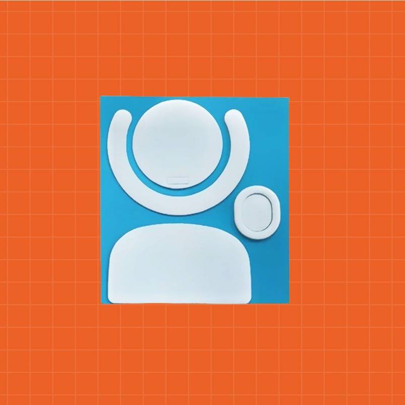 Blaues Quadrat-Symbol einer Personensilhouette mit erhobenen Armen und einem kleinen ovalen Button auf orangefarbenem Gitterhintergrund.