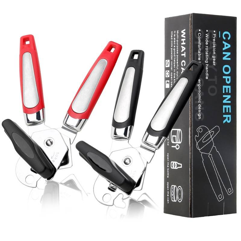Satz von vier tragbaren Dosenlöffeln mit roten und schwarzen Griffen neben der Produktbox mit der Aufschrift „CAN OPENER".