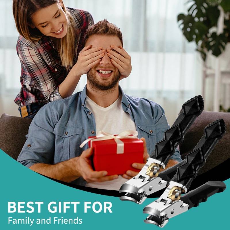 Frau bedeckt die Augen eines lächelnden Mannes, während er eine rote Geschenkbox hält; der Text lautet "BEST GIFT FOR Family and Friends"" mit einer Grafik von Nagelklippern.