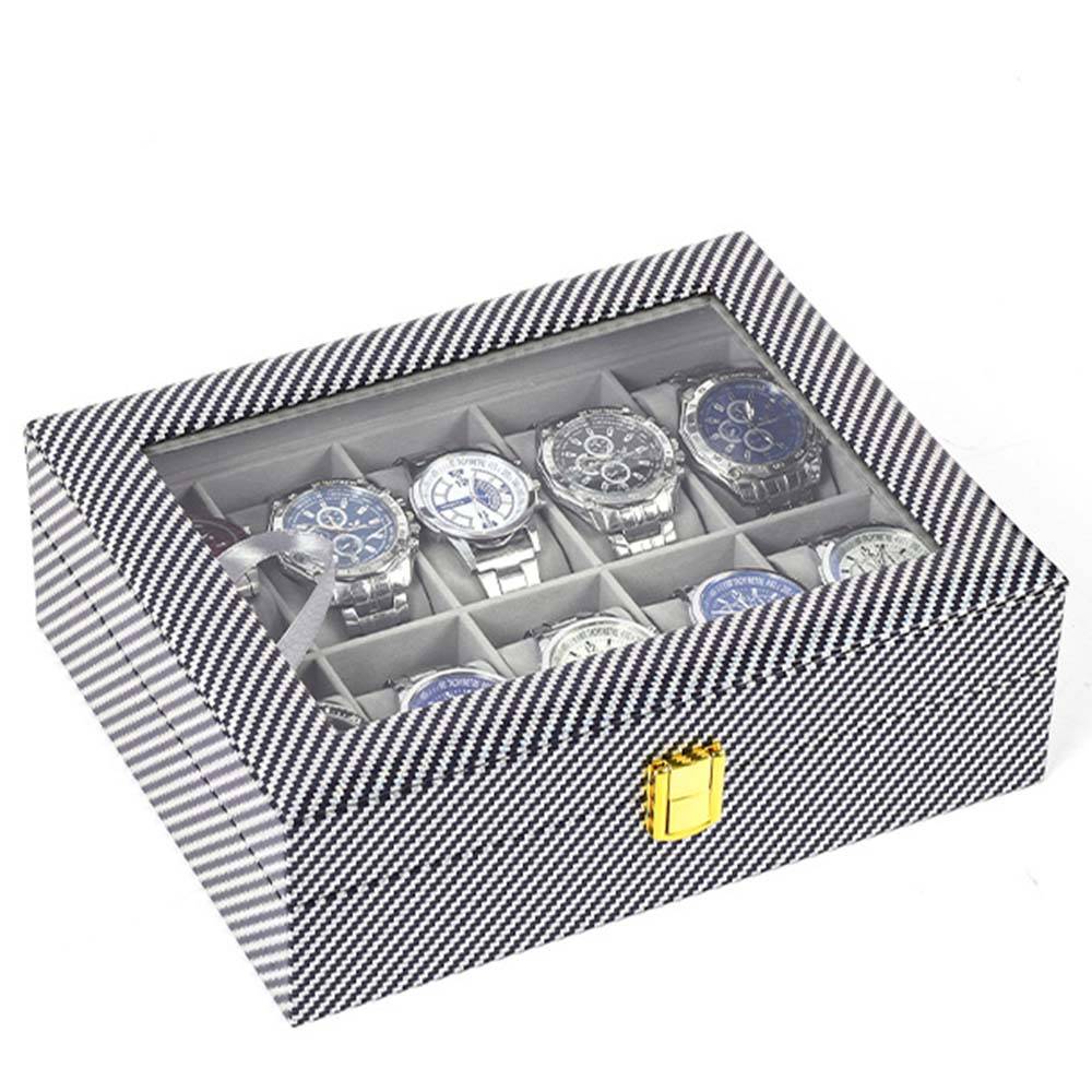 Uhrenaufbewahrungsbox mit Kohlefaser-Muster und transparentem Fenster, mit mehreren Armbanduhr-Fächern mit Polsterung.