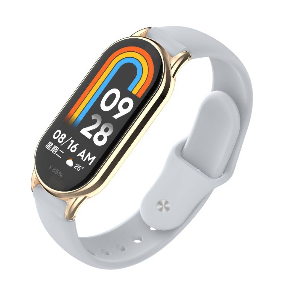 Intelligente Fitness-Uhr mit Goldgehäuse und hellgrauem Armband, die digital die Uhrzeit 09:28, das Datum 08/16 AM, Wetterdaten und Aktivitätsringe auf dem Bildschirm anzeigt.