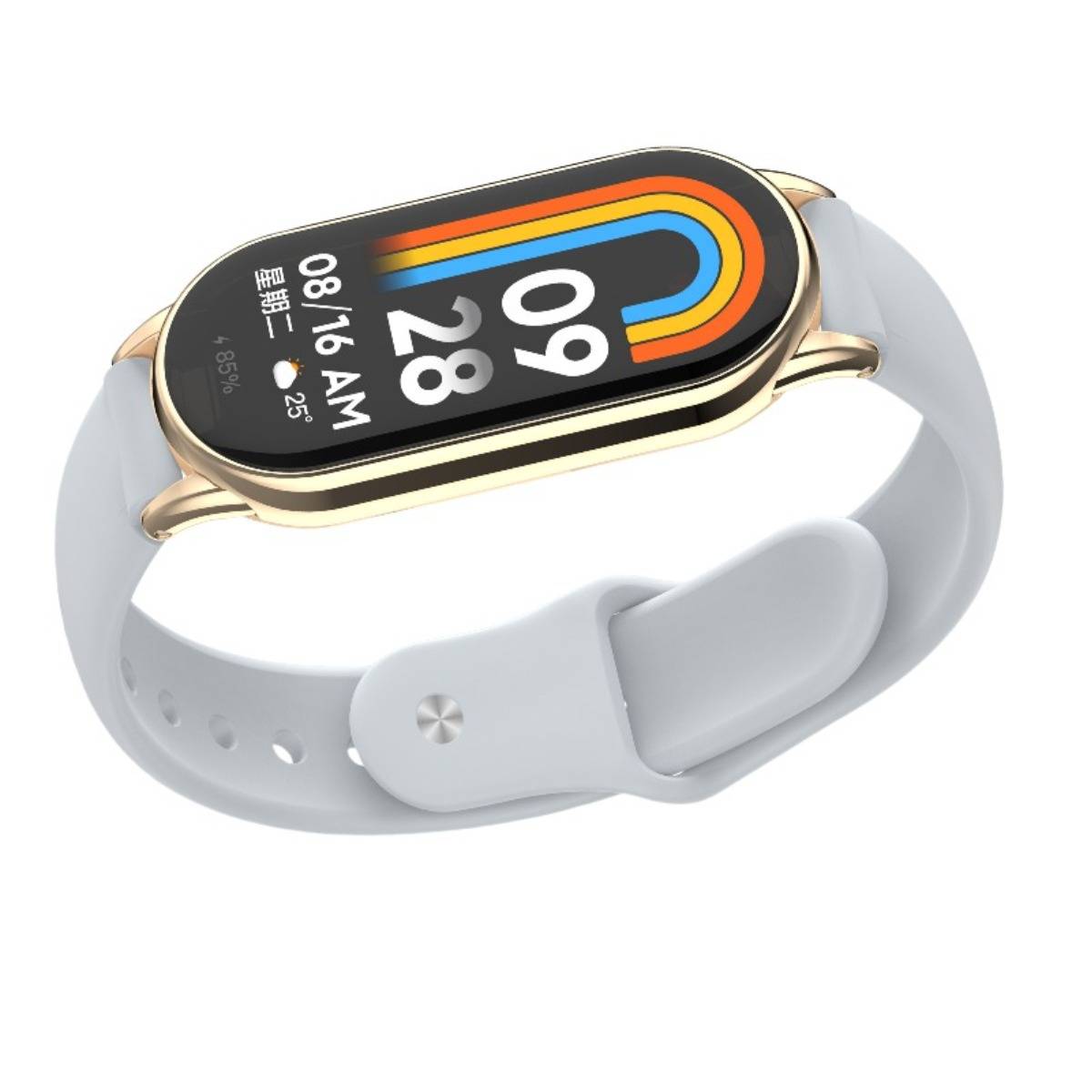 Gold-weiße Fitness-Smartwatch mit ovalem Bildschirm, der 09:28 anzeigt, Datum 08/16 AM und farbige Aktivitätsringe auf einem hellen Armband.